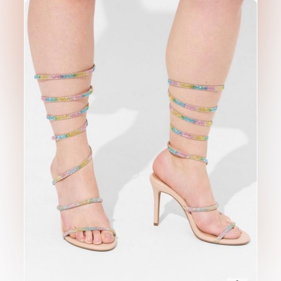 Torrid Lace Up Embroidered Heel Sandal rainbow sparkle rhinestone lace up - Picture 2 of 16